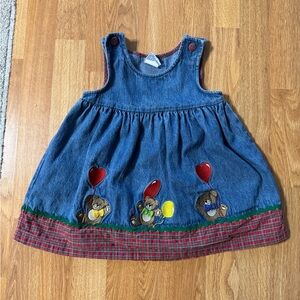 Samara Vintage 1980s Girls Denim Embroidered Bears Gingham Jumper Dress Size 2T